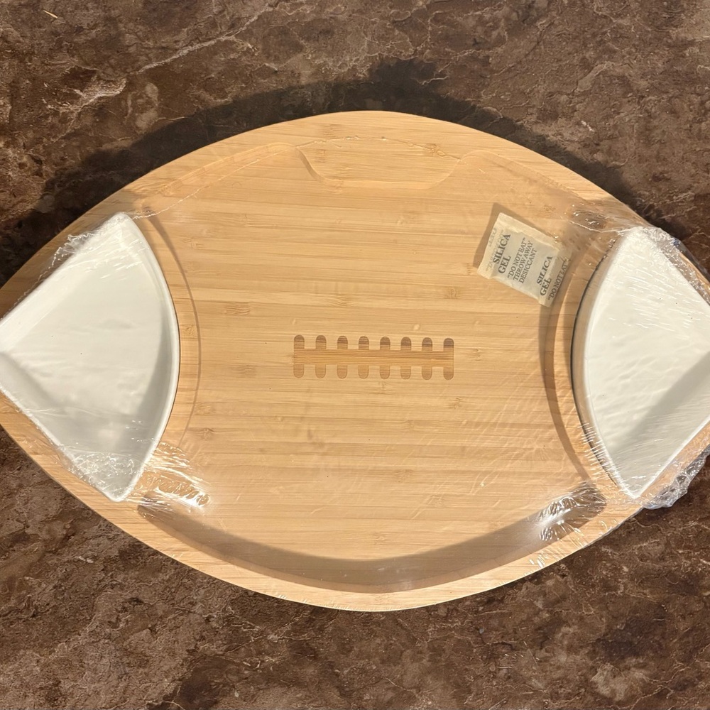 Bamboo Football-Shaped Serving Tray with White Dishes